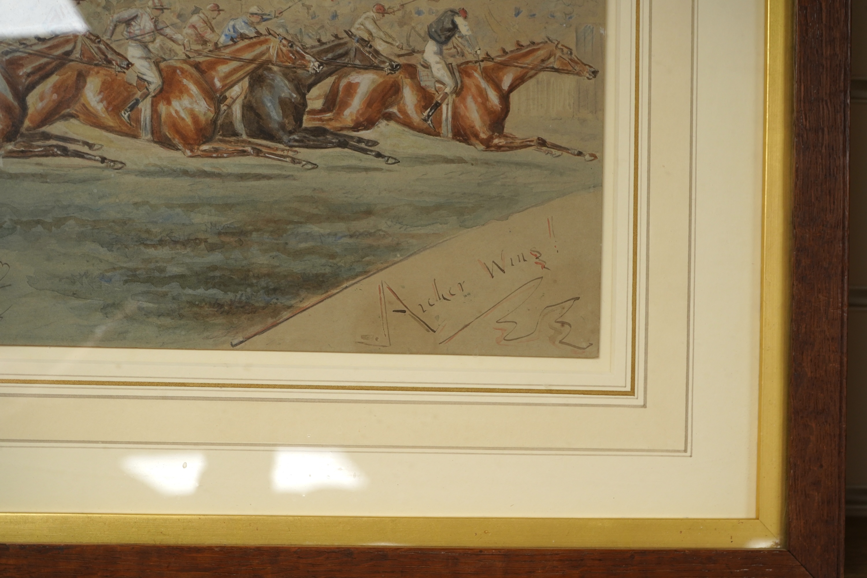 George Finch Mason (1850-1915), ‘Archer Wins!’ and ‘Findham Wins!’, each signed, pair of horse racing interest watercolours, 22 x 27cm together with George Finch Mason (1850-1915), Horse racing scenes, one titled ‘Fordli